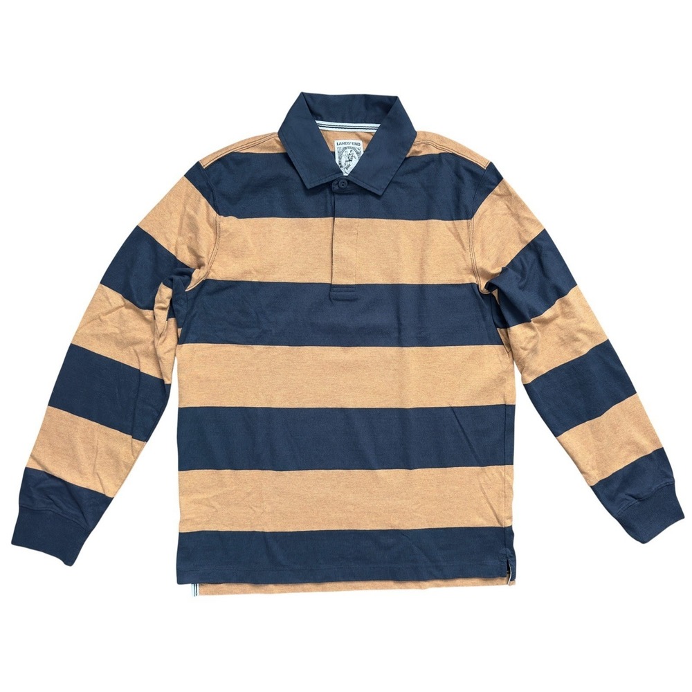 Lands' End Men's Long Sleeve Stripe Rugby Shirt French Navy Dijon Gold Size M - Picture 1 of 9